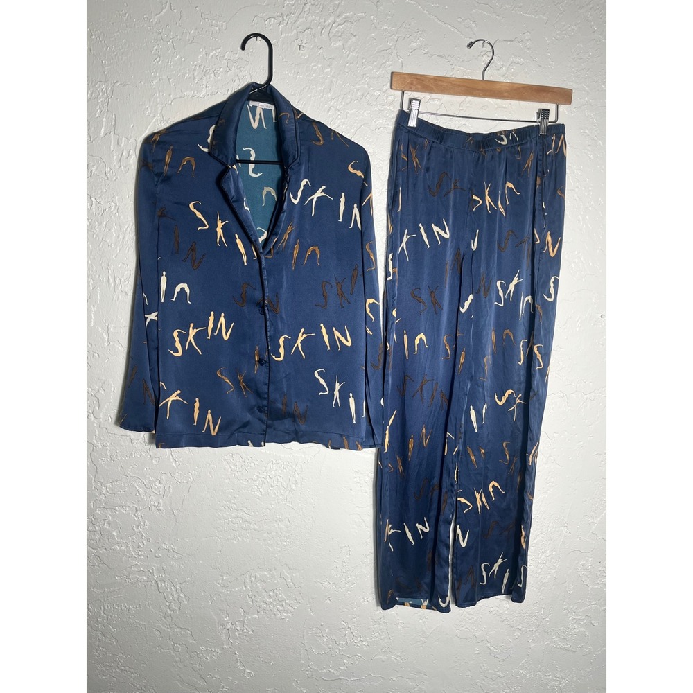 SKIN Silk Pajama Set Size 2 Medium Blue Printed Button Front Lounge Sleepwear